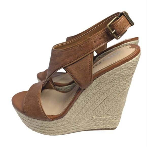Gianni Bini Tan Leather Wedge Espadrille Sandals Slingback Heels Womens 9 - Picture 3 of 8